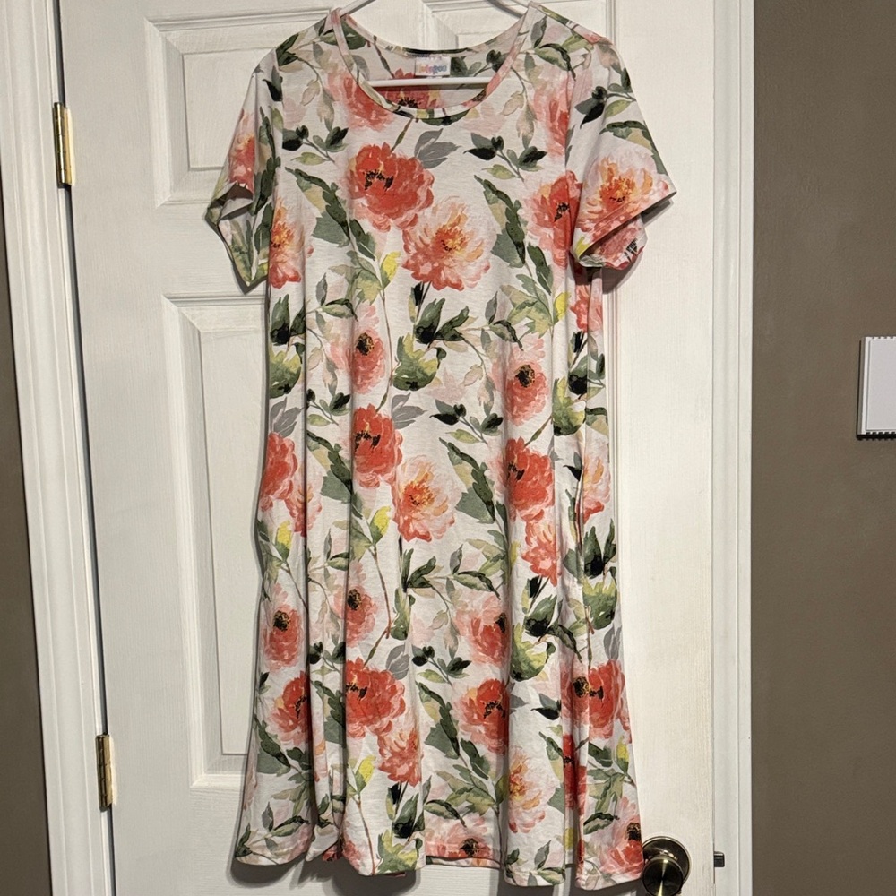 EUC LuLaRoe Jessie Floral Swing Dress with Pink and Green Accents and Pockets M